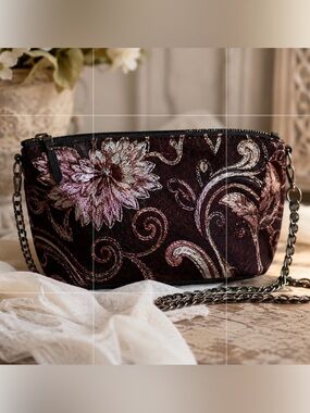 Gigi Hill Mini Floral Paisley Embroidered Crossbody Bag Burgundy Silver Chain